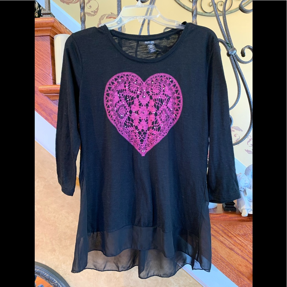 Style & Co. Petite Ling Sleeve Lace Heart W/Stones